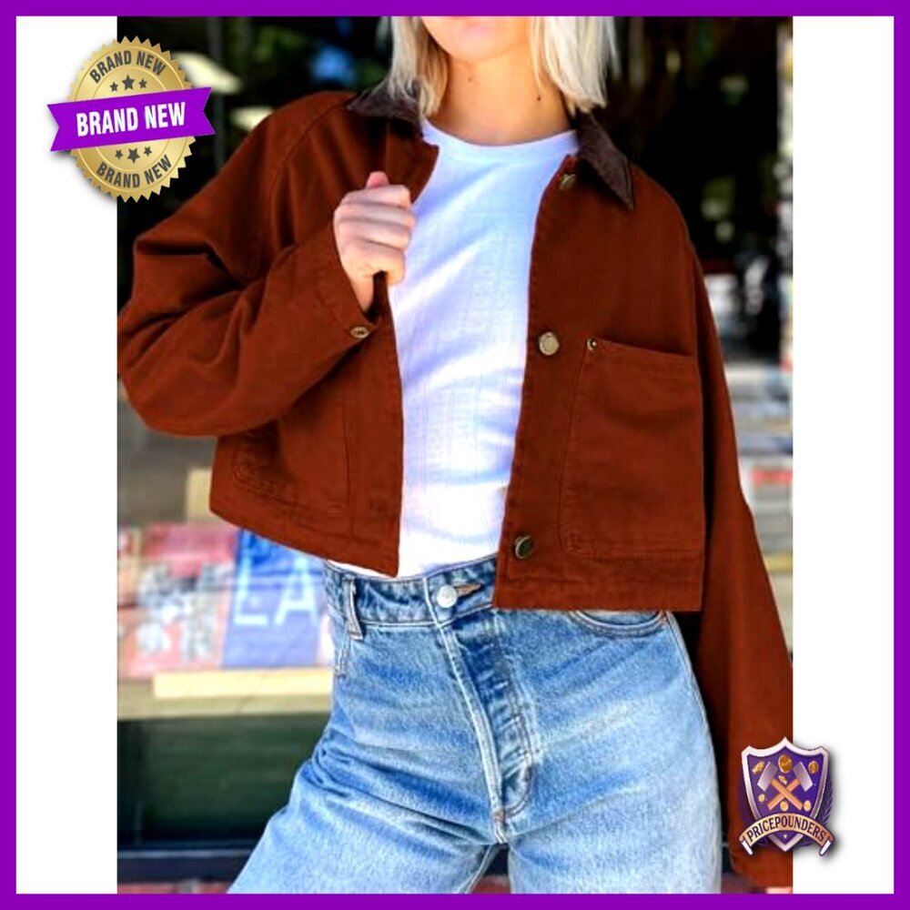 Cropped Barn Jacket Corduroy Collar Button Down Long Sleeve Vintage Y2K Chic - Picture 2 of 7